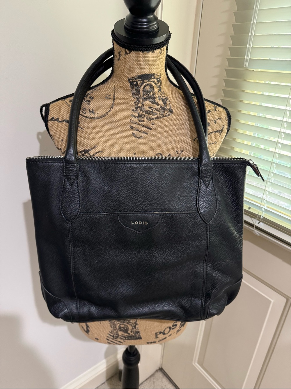 Lodis Black Pebbled Leather Tote with Dual Handles